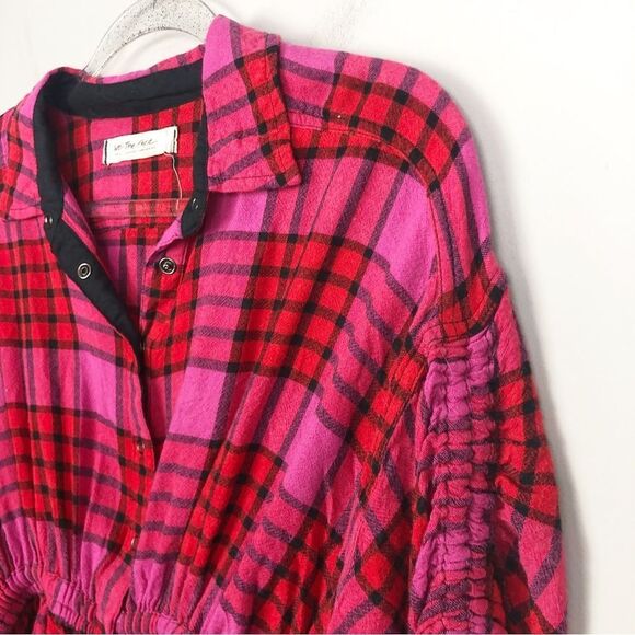 FREE PEOPLE | Pacific Dawn Red Pink Black Cinched Plaid Flannel Top Women’s S - Picture 7 of 11